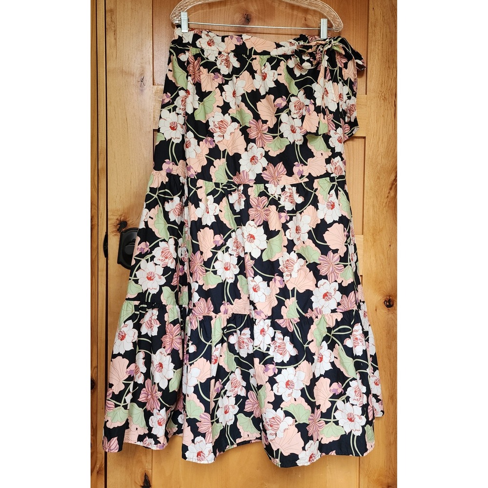 Who What Wear 100% Cotton LARGE Maxi Floral‎ Black Pink Tiered Ruffle Wrap Skirt